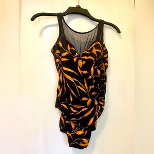 Miraclesuit swim bathing suit Black gold brown leaves one piece USA MADE size 10